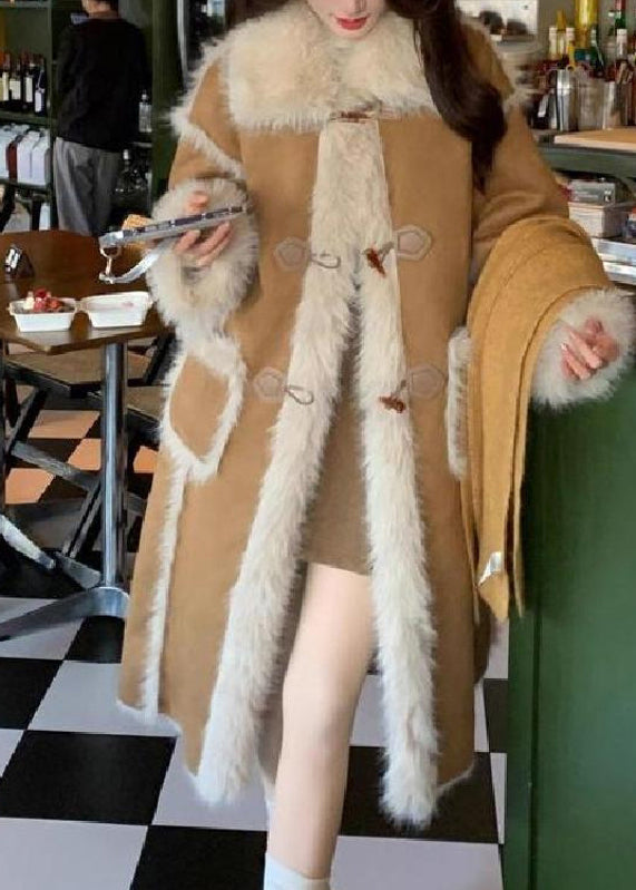 Stylish Khaki Pockets Patchwork Leather And Fur Warm Fleece Coat Winter YY011