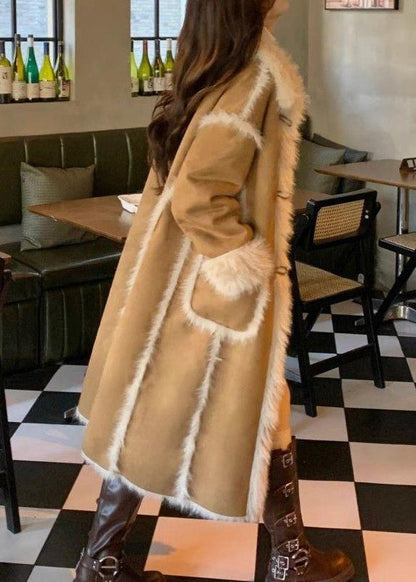 Stylish Khaki Pockets Patchwork Leather And Fur Warm Fleece Coat Winter YY011