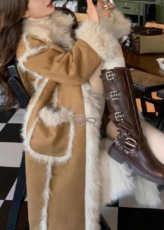 Stylish Khaki Pockets Patchwork Leather And Fur Warm Fleece Coat Winter YY011