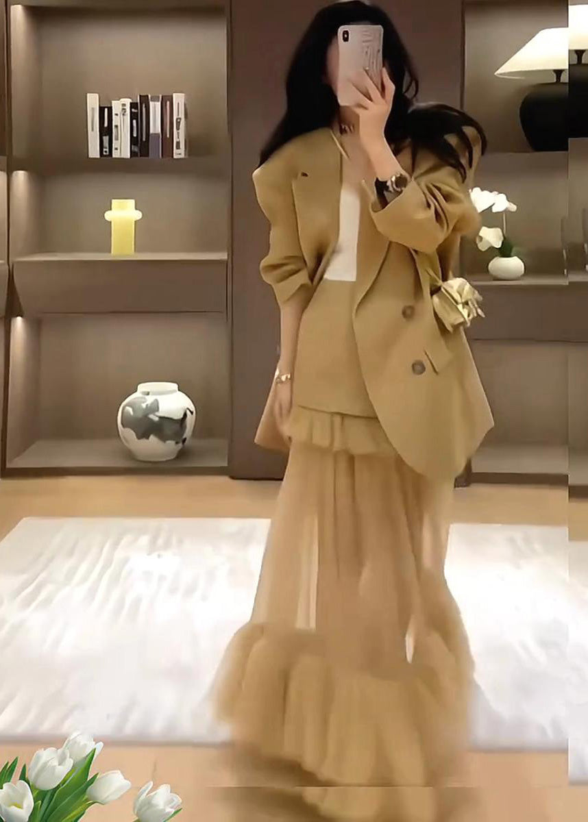 Stylish Khaki Suit Coat And Skirts Two Pieces Set Spring YZ017