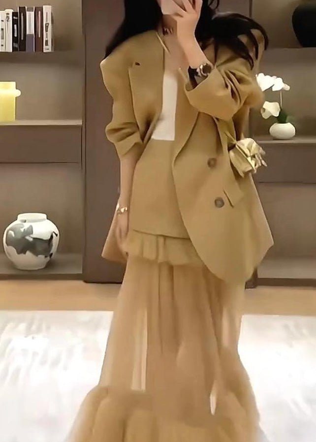 Stylish Khaki Suit Coat And Skirts Two Pieces Set Spring YZ017