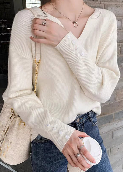 Stylish Khaki V Neck Solid Knit Sweater Spring TF002