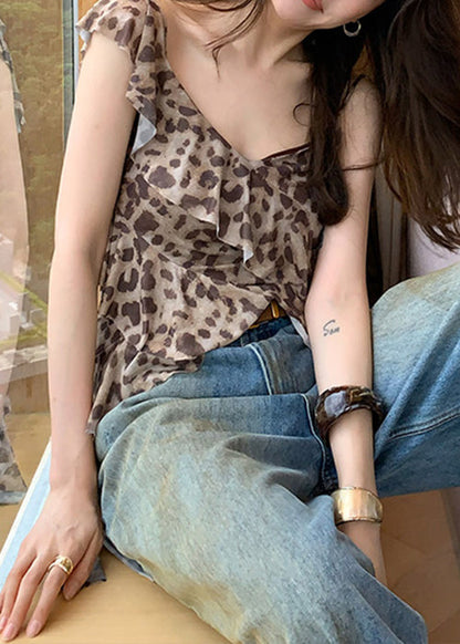 Ruffled Asymmetrical Sleeveless Top Tulle Stylish Leopard