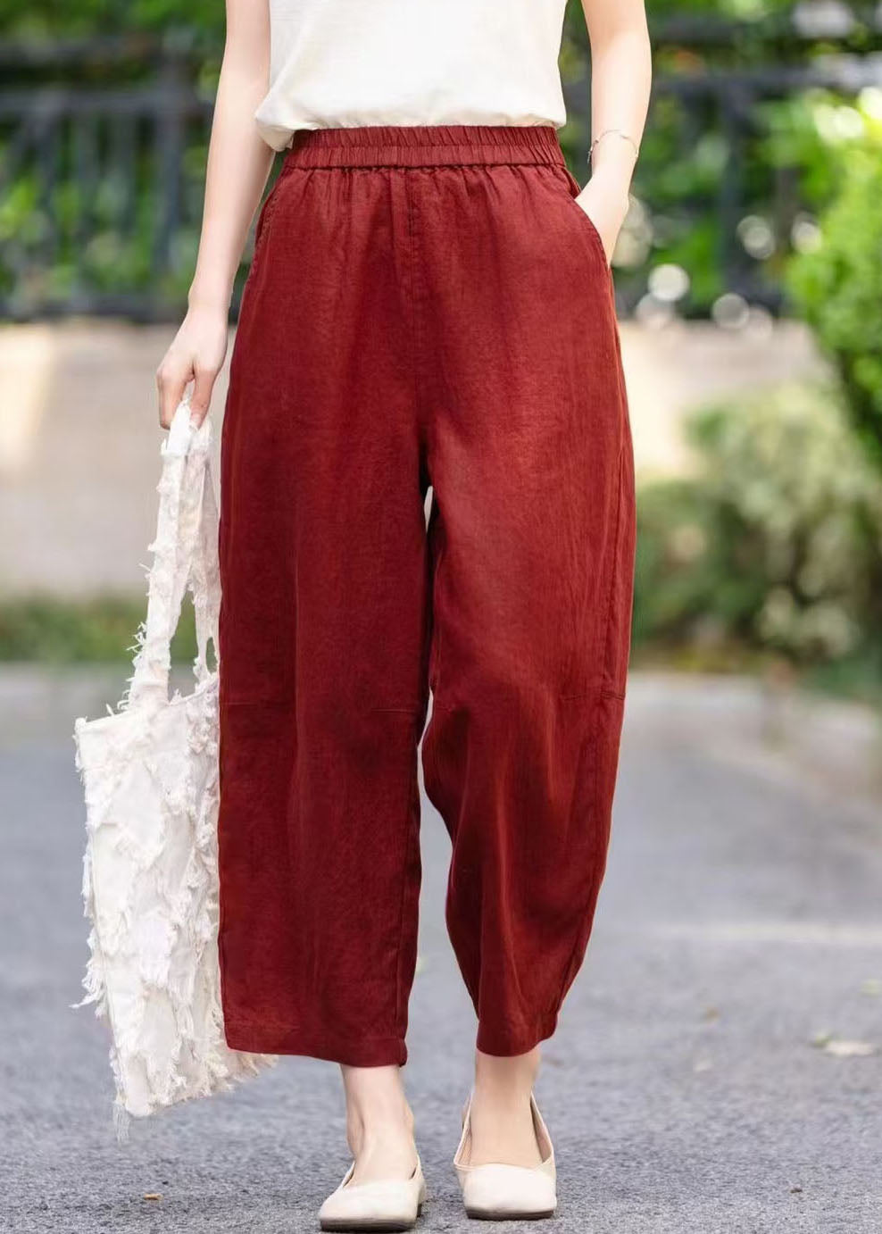 Linen Elastic Waist Stylish Pockets Summer Pants Mulberry Harem