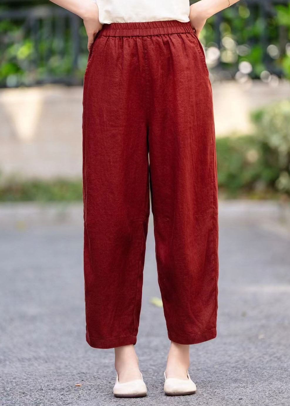 Linen Elastic Waist Stylish Pockets Summer Pants Mulberry Harem