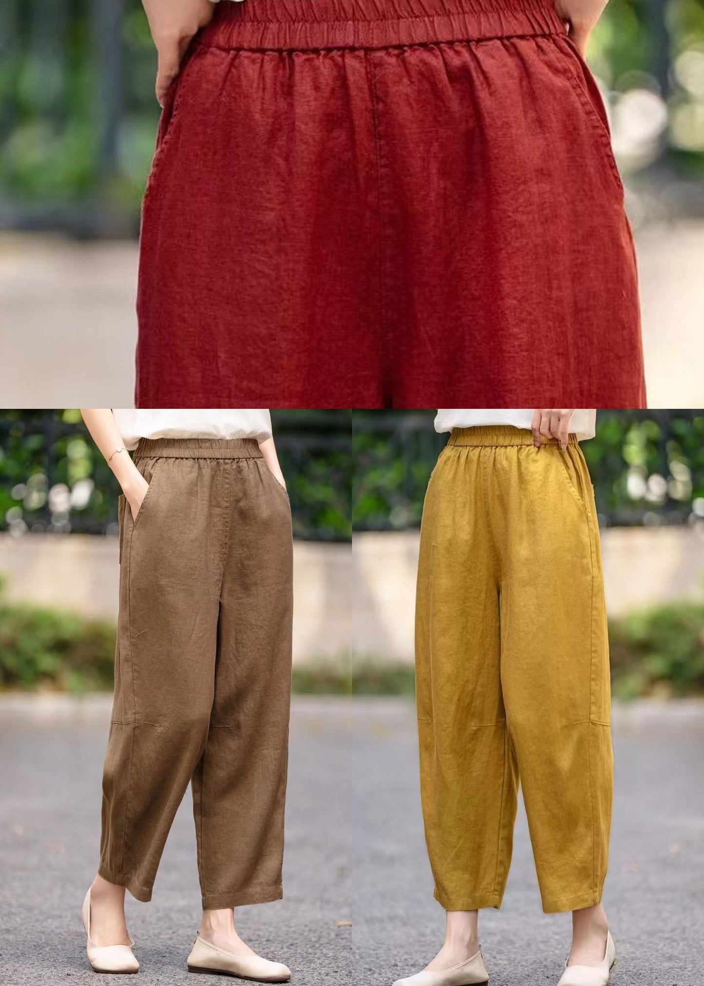 Linen Elastic Waist Stylish Pockets Summer Pants Mulberry Harem