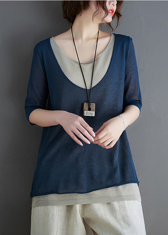 Stylish Summer Piece Two Navy Tops Patchwork Knit Fake