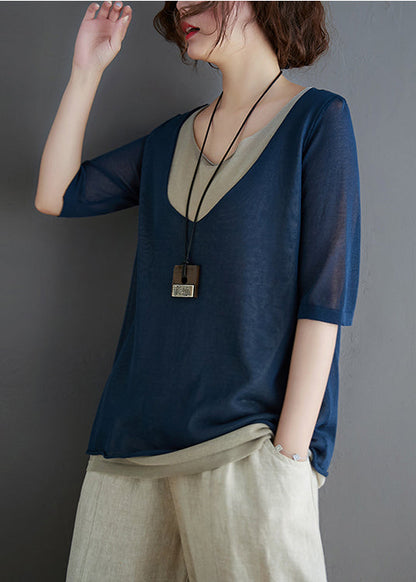 Stylish Summer Piece Two Navy Tops Patchwork Knit Fake