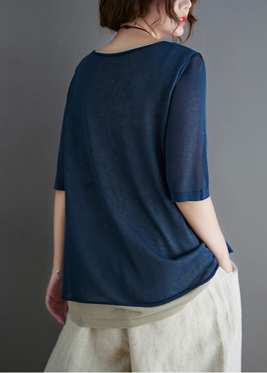 Stylish Summer Piece Two Navy Tops Patchwork Knit Fake