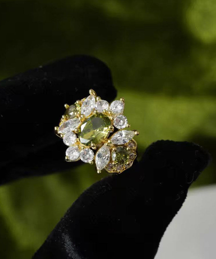 Stylish Stone Olive Rings Zircon Gem Green Copper Alloy Open