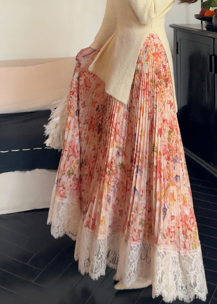 Summer Patchwork Chiffon Pleated Skirt Orange Stylish Lace Print