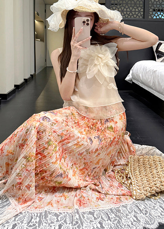 Summer Patchwork Chiffon Pleated Skirt Orange Stylish Lace Print