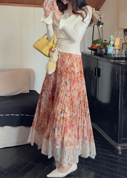Summer Patchwork Chiffon Pleated Skirt Orange Stylish Lace Print