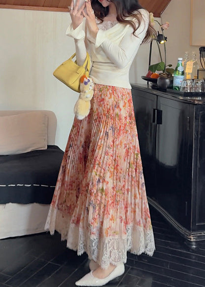 Summer Patchwork Chiffon Pleated Skirt Orange Stylish Lace Print