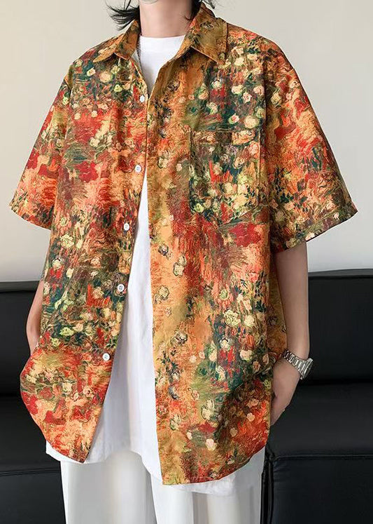 Orange Half Mens Sleeve Shirts Pockets Print Silk Stylish Ice