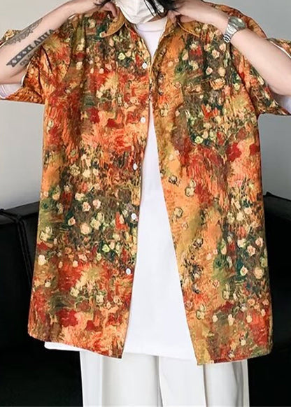Orange Half Mens Sleeve Shirts Pockets Print Silk Stylish Ice