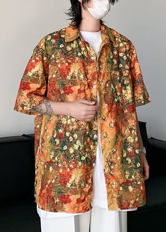 Orange Half Mens Sleeve Shirts Pockets Print Silk Stylish Ice
