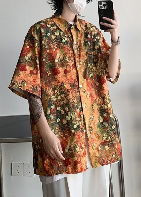 Orange Half Mens Sleeve Shirts Pockets Print Silk Stylish Ice