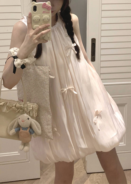 Cotton Dress Mid Bow Stylish Sleeveless Lace Pink Up