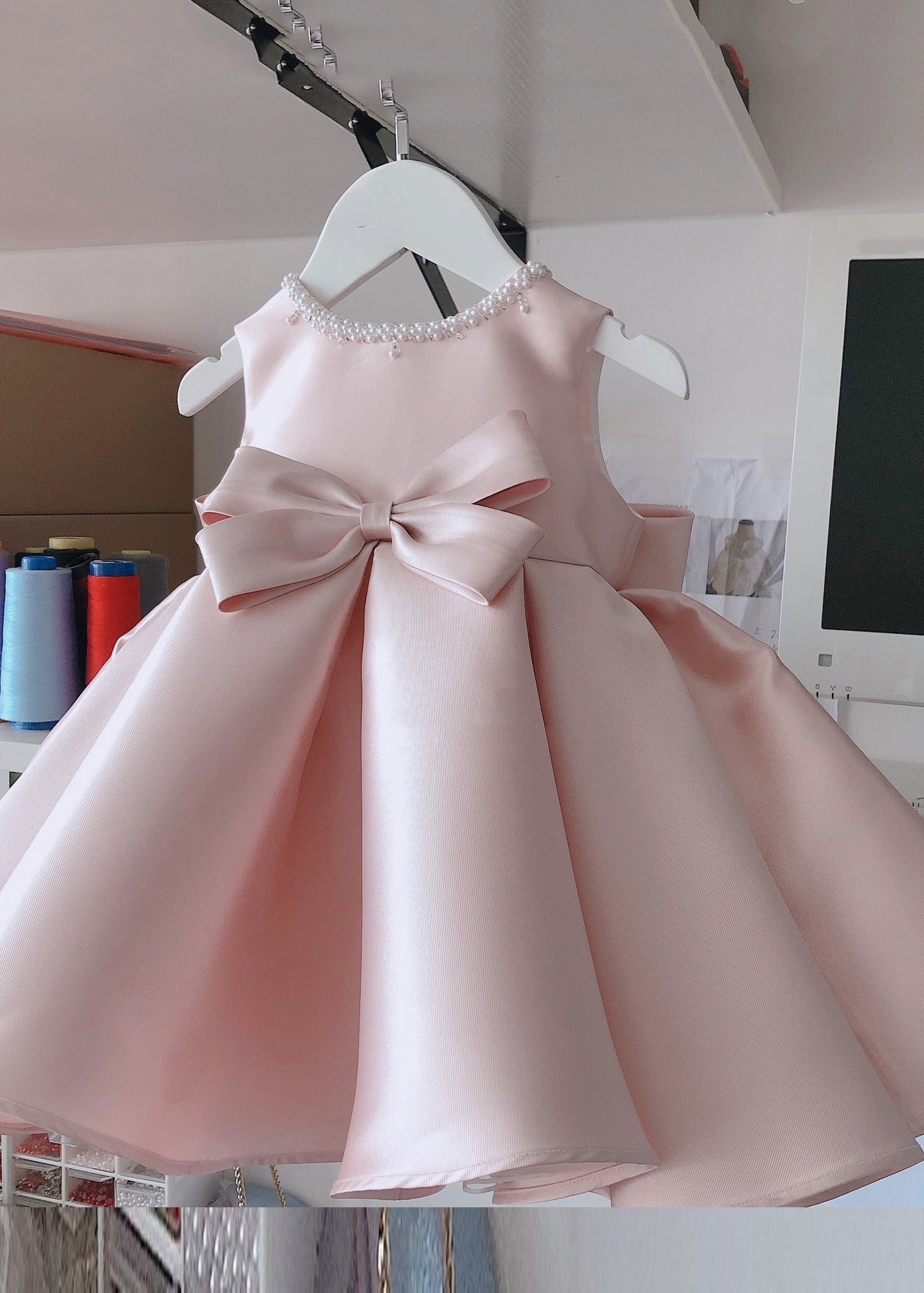 Stylish Pink O-Neck Bow Nail Bead Silk Kids Long Dress Summer YS020
