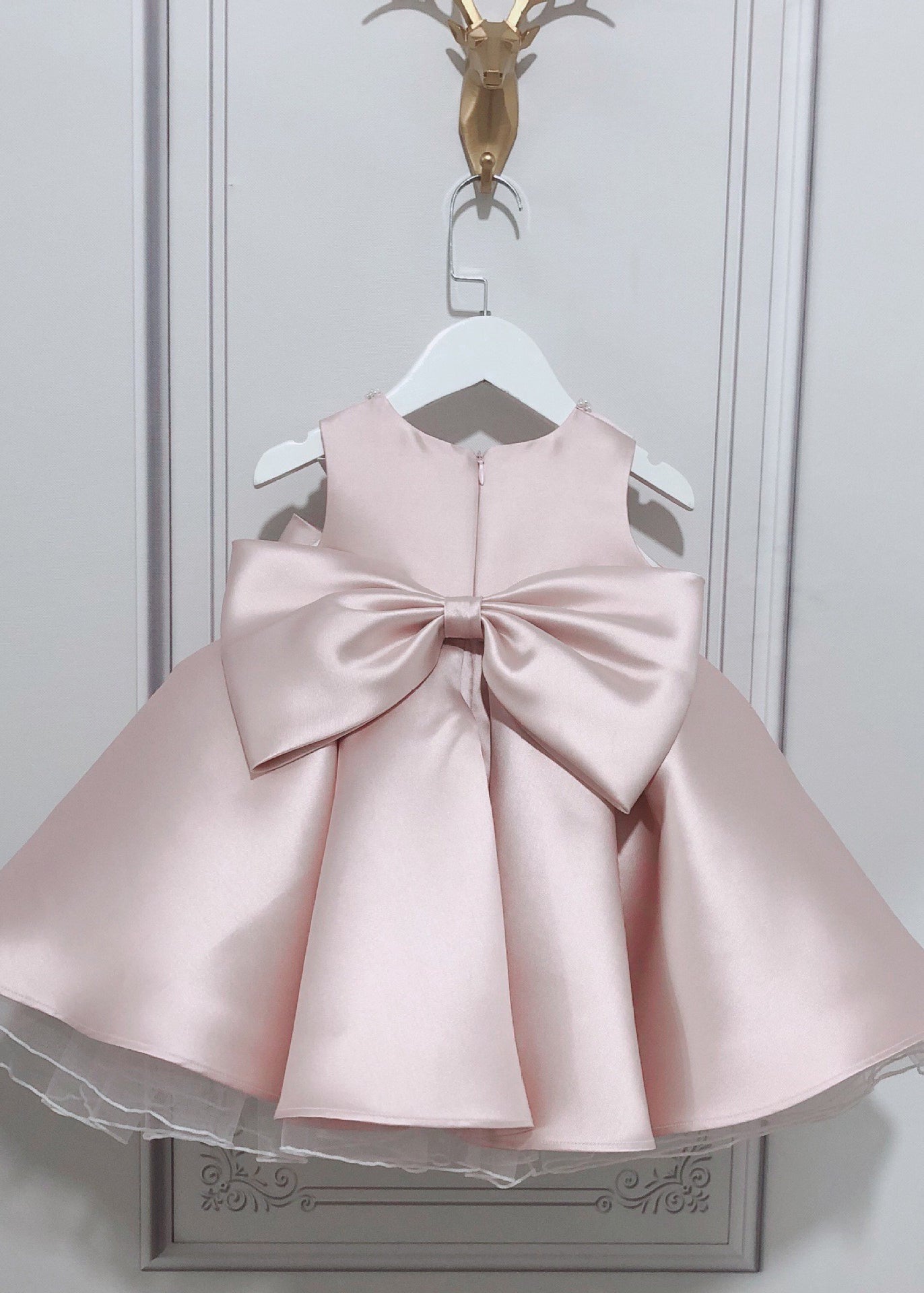 Stylish Pink O-Neck Bow Nail Bead Silk Kids Long Dress Summer YS020