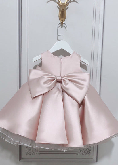 Stylish Pink O-Neck Bow Nail Bead Silk Kids Long Dress Summer YS020
