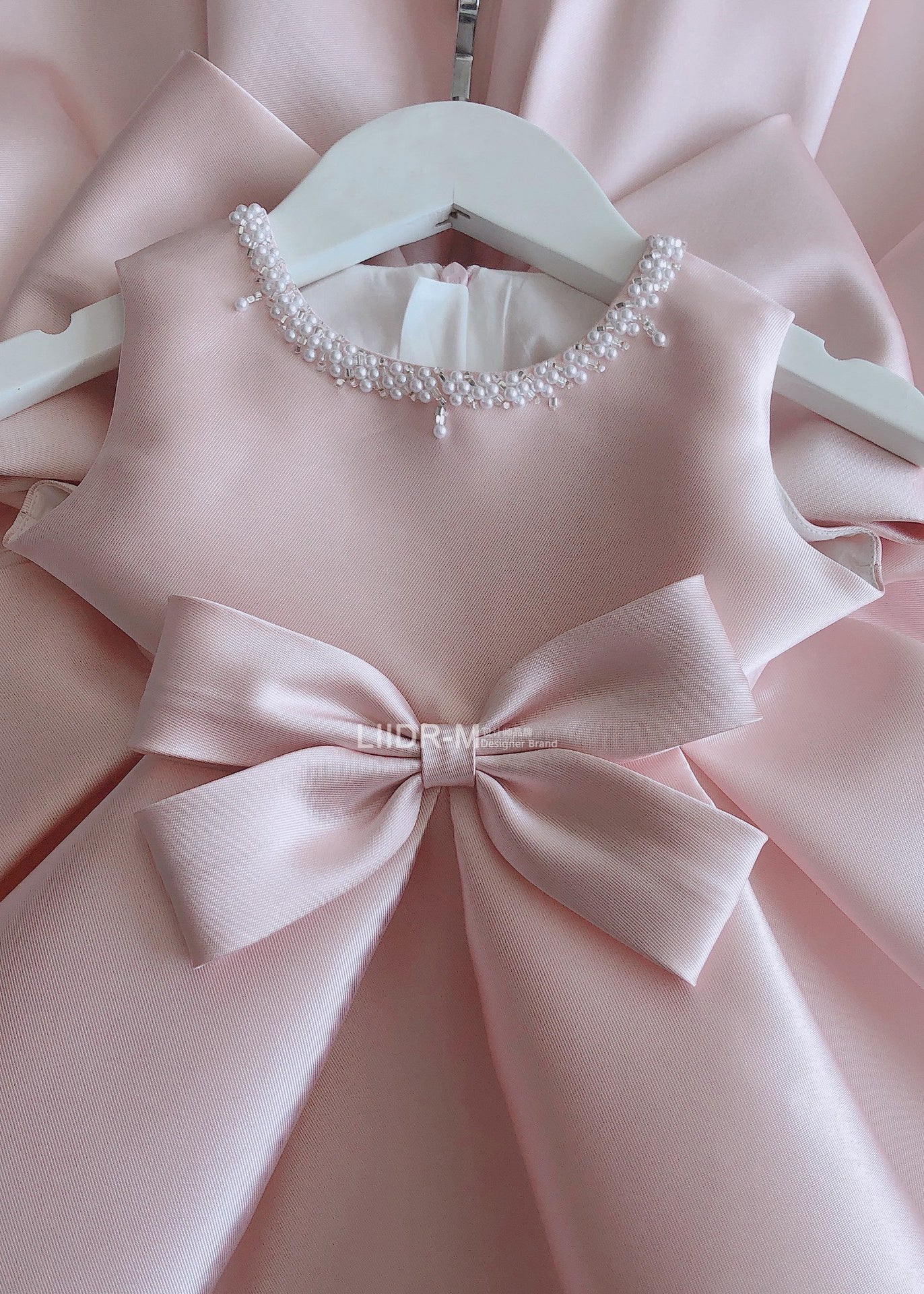 Stylish Pink O-Neck Bow Nail Bead Silk Kids Long Dress Summer YS020