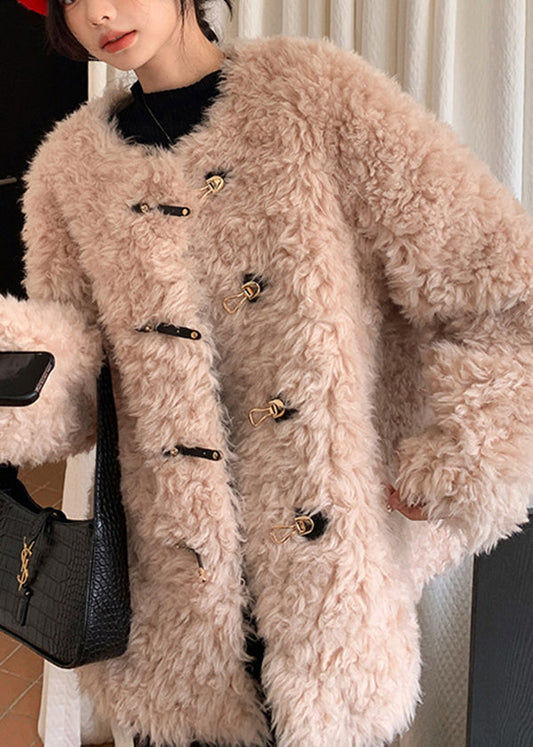 Stylish Pink O Neck Buckle Faux Fur Coat Winter YY002