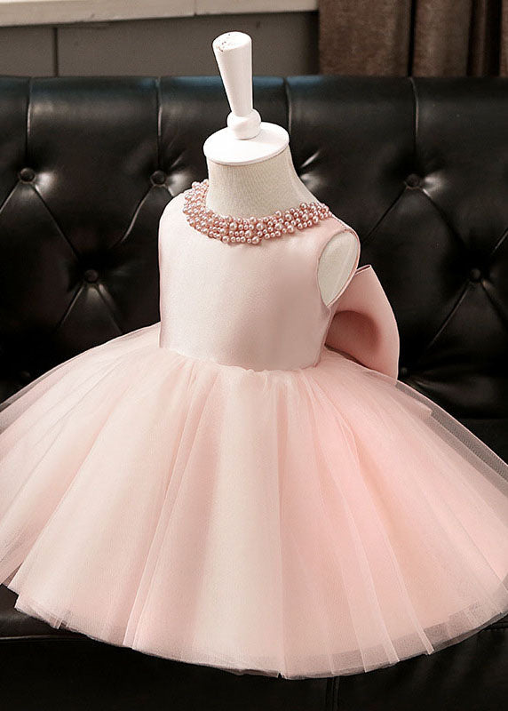 Stylish Pink Pearl Patchwork Bow Tulle Girls Maxi Dresses Summer YS005