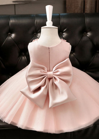 Stylish Pink Pearl Patchwork Bow Tulle Girls Maxi Dresses Summer YS005