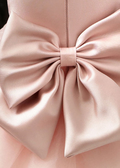 Stylish Pink Pearl Patchwork Bow Tulle Girls Maxi Dresses Summer YS005