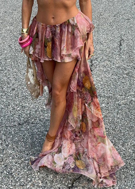 Skirt Low Summer Chiffon Stylish Print Design Pink High