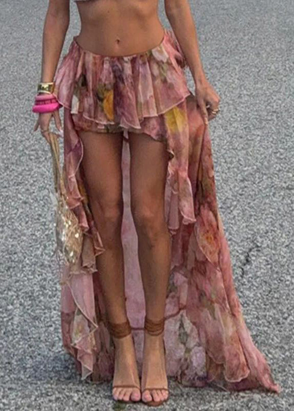 Skirt Low Summer Chiffon Stylish Print Design Pink High