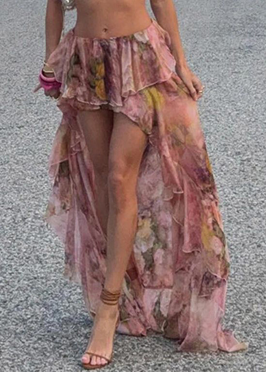 Skirt Low Summer Chiffon Stylish Print Design Pink High