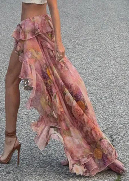 Skirt Low Summer Chiffon Stylish Print Design Pink High