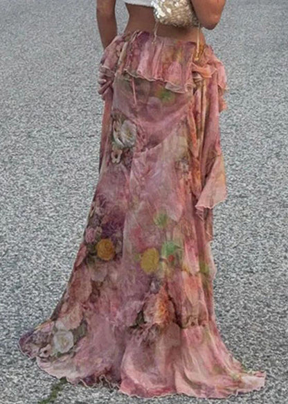 Skirt Low Summer Chiffon Stylish Print Design Pink High