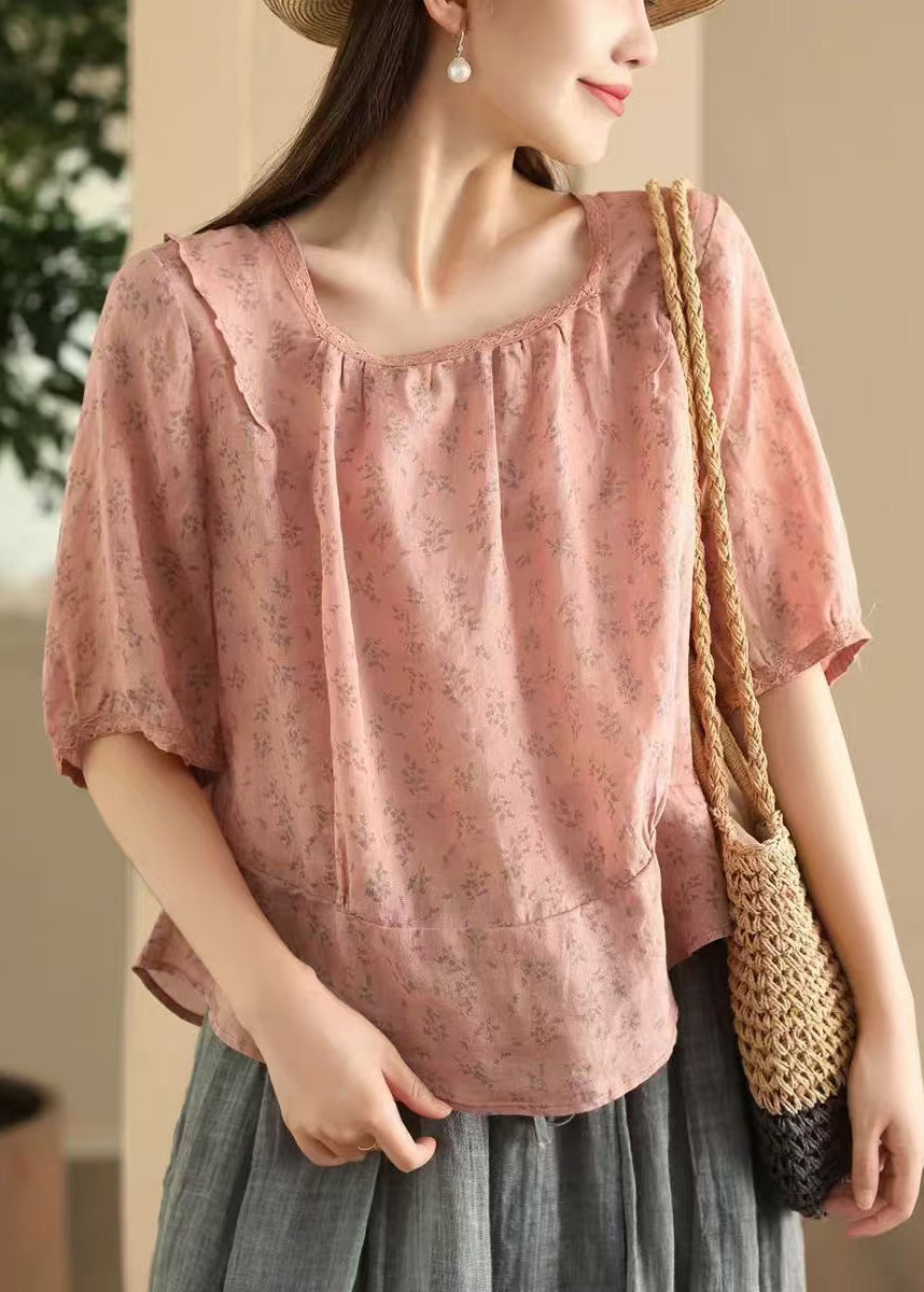 Pink Sides Square On Blouses Print Linen Wear Both Stylish Collar