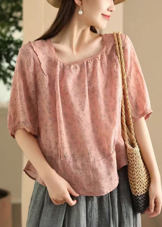 Pink Sides Square On Blouses Print Linen Wear Both Stylish Collar