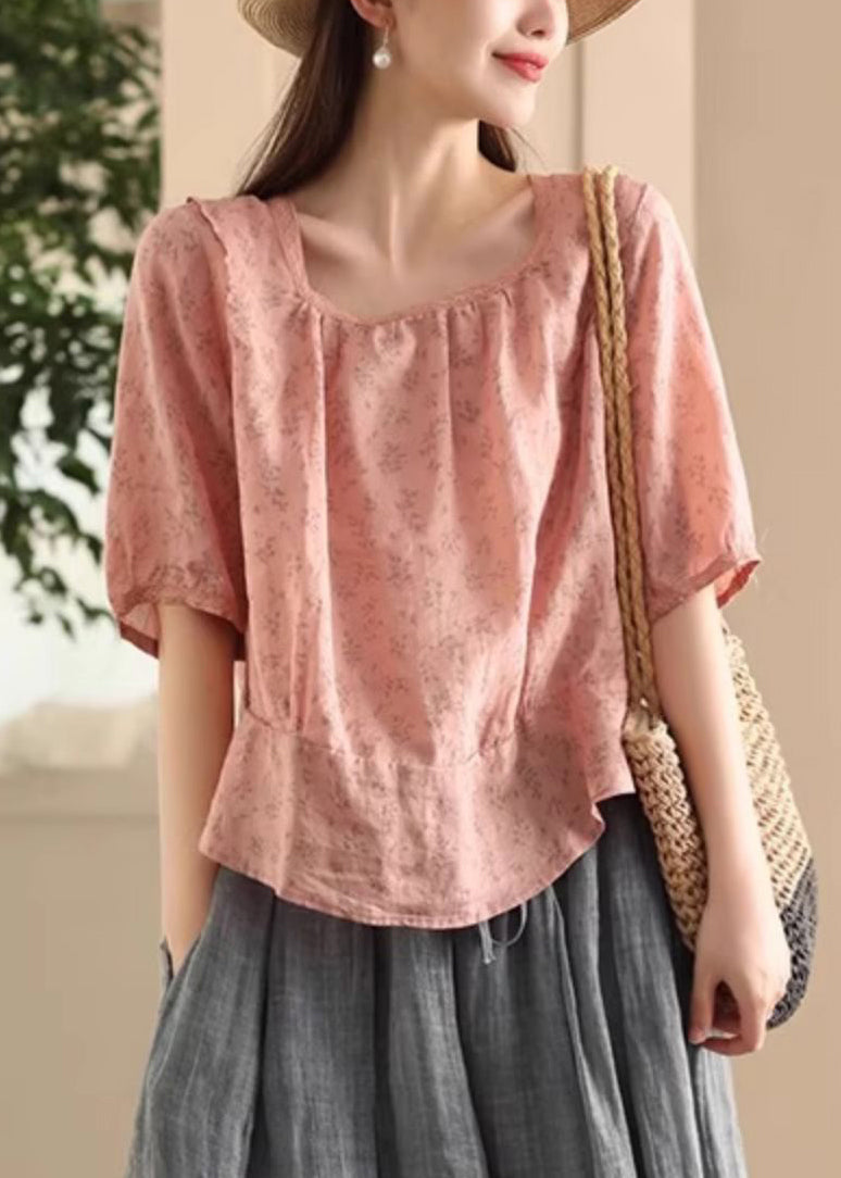 Pink Sides Square On Blouses Print Linen Wear Both Stylish Collar