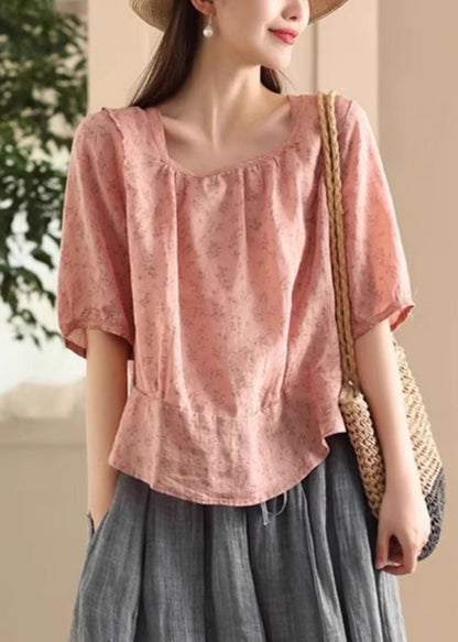 Pink Sides Square On Blouses Print Linen Wear Both Stylish Collar