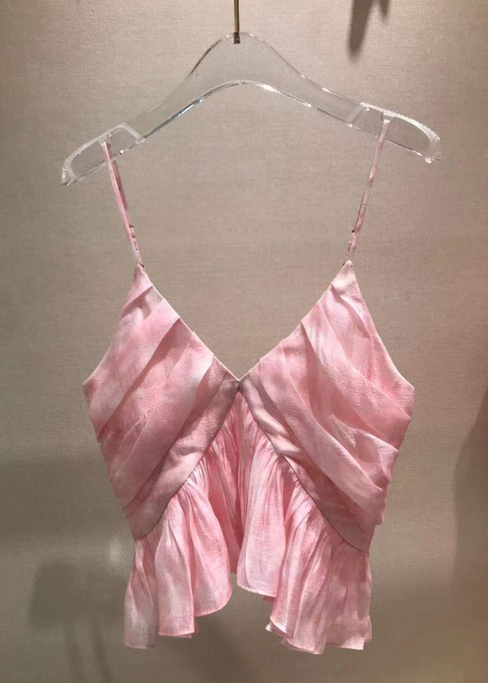 Neck Stylish Tank Sleeveless Spaghetti V Wrinkled Pink Strap