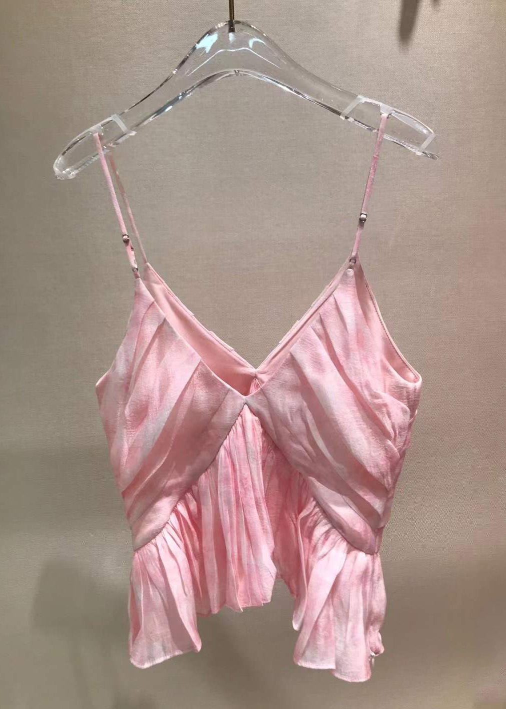 Neck Stylish Tank Sleeveless Spaghetti V Wrinkled Pink Strap