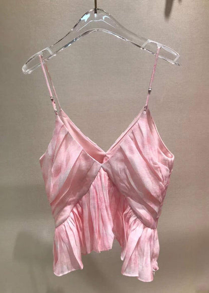 Neck Stylish Tank Sleeveless Spaghetti V Wrinkled Pink Strap