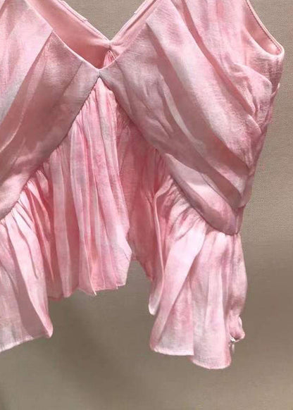 Neck Stylish Tank Sleeveless Spaghetti V Wrinkled Pink Strap