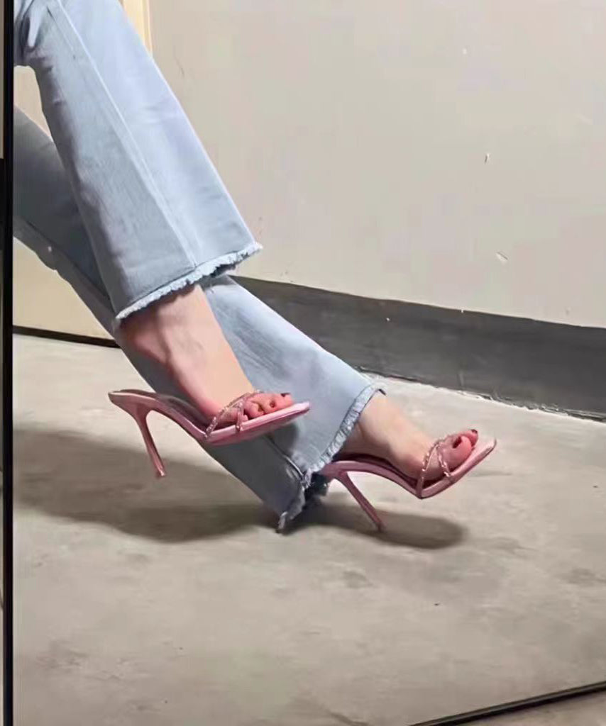 Stiletto Peep Splicing Sandals Pink Toe Zircon Stylish Slide