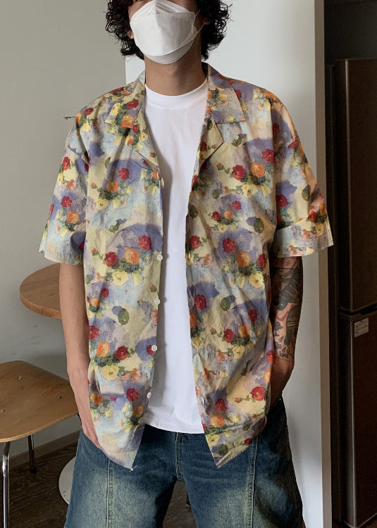 Button Stylish Mens Shirts Summer Print Cotton