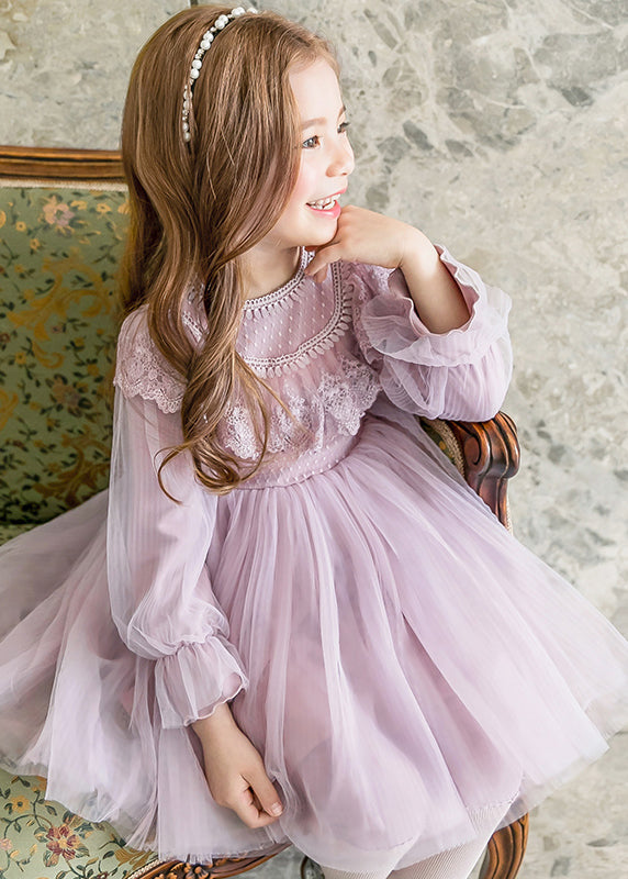 Stylish Purple O-Neck Patchwork Tulle Girls Maxi Dresses Lantern Sleeve YE022