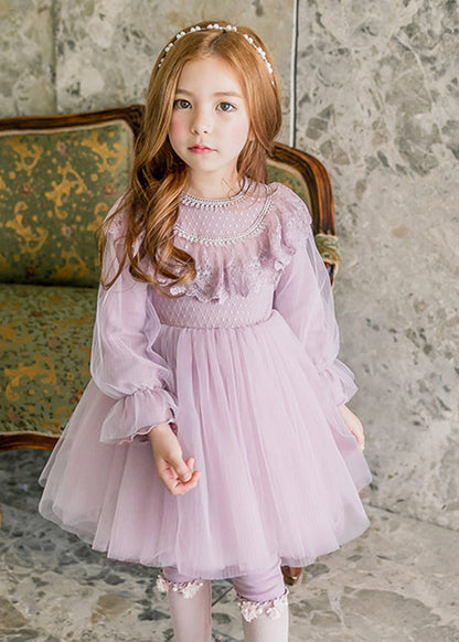 Stylish Purple O-Neck Patchwork Tulle Girls Maxi Dresses Lantern Sleeve YE022