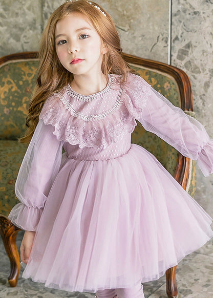 Stylish Purple O-Neck Patchwork Tulle Girls Maxi Dresses Lantern Sleeve YE022