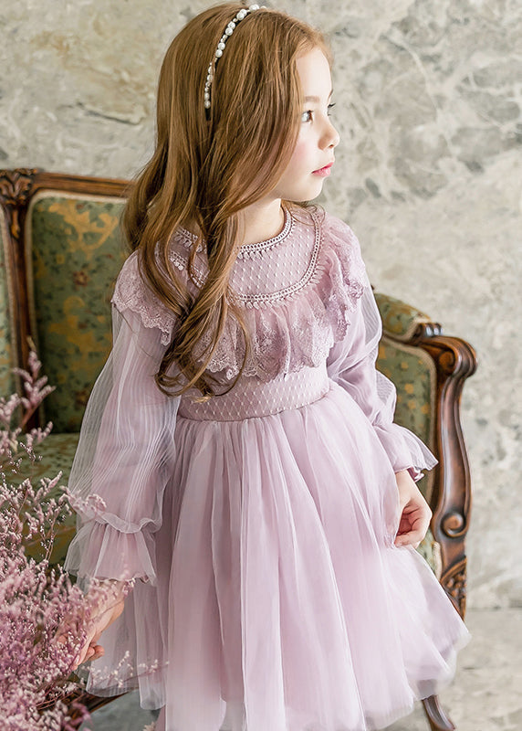 Stylish Purple O-Neck Patchwork Tulle Girls Maxi Dresses Lantern Sleeve YE022